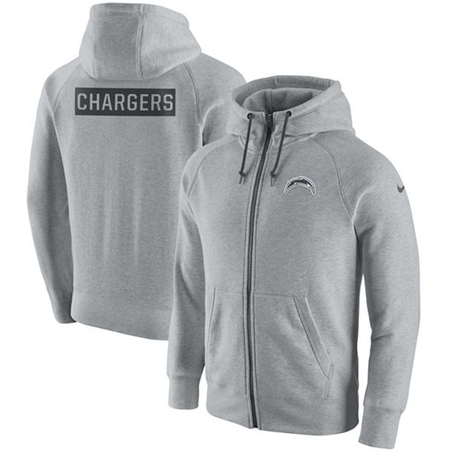 Men's Los Angeles Chargers Nike Ash Gridiron Gray 2.0 Full-Zip Hoodie - Click Image to Close